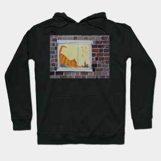 Red tabby cat in the window watercolor Christmas painting Hoodie